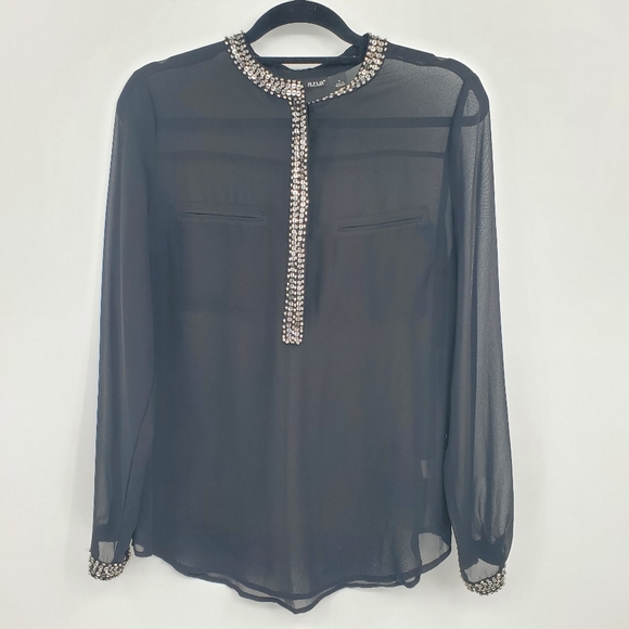 ♤ A.N.A Sheer Black Blouse with Embellished Mandarin Collar Black Size Medium - Picture 1 of 9